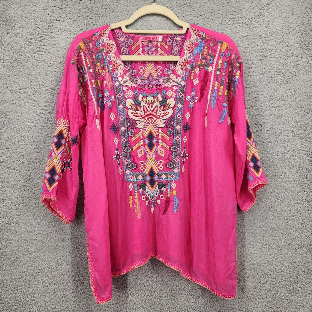 Johnny‎ Was Pink Cupra Rayon Embroidered Boho Tunic Top XXS C19021-3